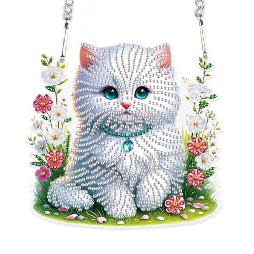 Image of White Cat Diamond Painting Hanging Kit, 5D DIY Acrylic Diamond Art Pendant with Special Shaped Rhinestones, Stained Glass Style Wall, Door or Window Decoration, Handmade Craft Gift for Adults