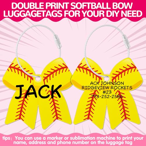 12 PCs Softball Bow Luggage Tags for Suitcases Travel Suitcase Labels with Metal Ring 2.75in Softball Bow Keychain PVC Name Id and DIY Pocket Hug Card for Men Women Travel Bag Suitcase Gift4