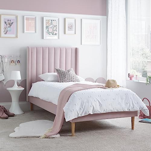 happybeds Kids Pink Fabric Bed, Marlow Pastel Pink Upholstered Children's Bed - 3ft UK Single (90 x 190cm)