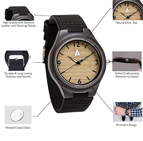Treehut Mens Ebony Wooden Watch With Genuine Black Leather Strap Quartz Analo. #TOP3