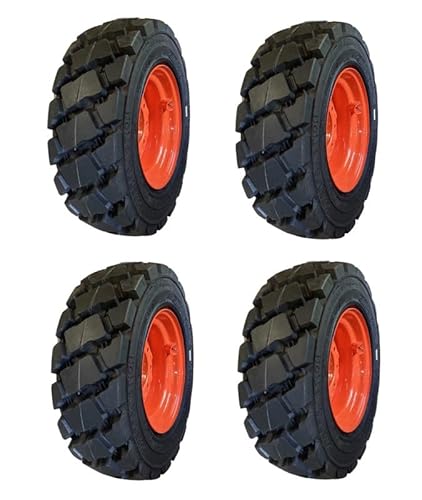 Set of 4-10X16.5 Heavy Duty Skid Steer Tires on Wheels/Rims (8 lug) for Bobcat -12PLY -10-16.5- Forerunner SKS-7 - Heavy duty non-directional tread pattern