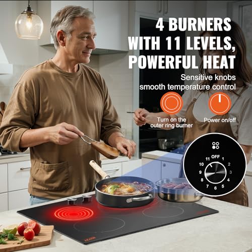 Image of VEVOR Electric Radiant Cooktop, Built-in Electric Stove Top, with Glass Panel, Knob Control, 11 Heat Levels, for Diverse Cooking Requirements (24inch-4burners /220V)