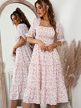 MOPOOGOSS Womens Half Sleeve Elastic Bust Square Neck Floral