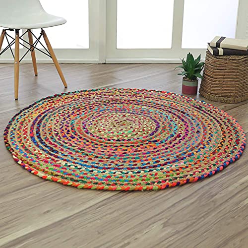 Image of Jute Braided Natural Hand Woven & Reversible Rug for Living Room Kitchen Entryway, Farmhouse Rustic Burlap Carpet Floor Mat (P /P, 120cm)