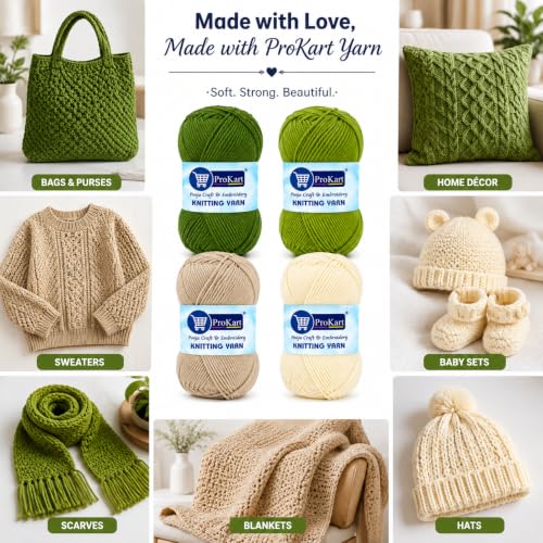 Image of ProKart - 4 Ply Plush & Cuddly for Knitting | Pastel Yarn for Baby Toys & DIY Crafts | 100g, Pack of 4 (Turtle Green, Sap Green, Light Beige, Off-White)