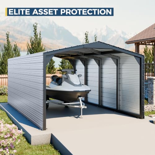 Image of Metal Carport 12x20 ft Heavy-Duty 2-Sided Enclosure | Military-Grade Reinforced Garage Kits with Steel Roof & Hurricane | 100lbs /Sq.Ft Snow /Camper /Truck /Tractor Shelter,Ash Gray