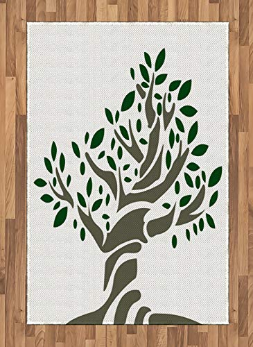ABAKUHAUS La Nature Tapis Tissé à Plat, Simple Majestic feuillu Arbre, Salle de Séjour Chambre à Coucher Salle à Manger, 120 x 180 cm, Sombre Sépia Emeraude Blanc