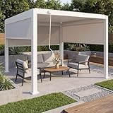Pergola HWC-P65 mit 3X Seitenwand, Rollo Terrassenüberdachung Garten Lamellenpavillon, 10cm-Alu-Gestell 3x3m - weiß