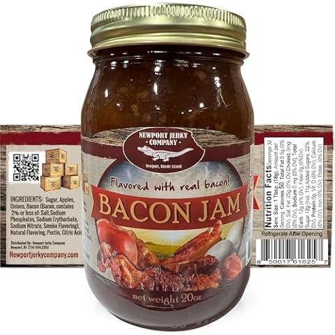 Newport Jerky Company Bacon Jam | Flavored with Real Bacon | Classic Spread for Burgers, Sandwiches, Toast, Charcuterie | Gourmet Small Batch Jam | Made in the USA! | Large Re-Usable 20 oz Glass Jar Cover