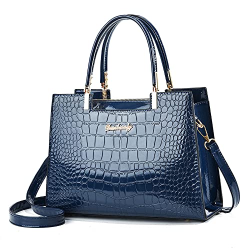 Caalaay Bolsa feminina de couro envernizado brilhante com estampa de crocodilo e alça superior, bolsa de mão com zíper, bolsa média, Azul, One Size