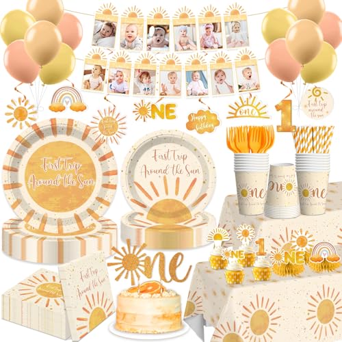 cocomigo Boho First Trip Around The Sun Decorations, with Cake Topper, 25 Serves Sunshine Disposable Tableware Set, Banner Plates Napkins Cup Table Cloth, for 1st Trip Around The Sun Birthday Girl