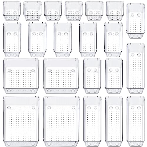 Image of SMARTAKE 22-Piece Drawer Organizer with Non-Slip Silicone Pads, 5-Size Clear Desk Drawer Organizer Trays Storage Tray for Makeup, Jewelries, Utensils in Bedroom Dresser, Office and Kitchen, Clear
