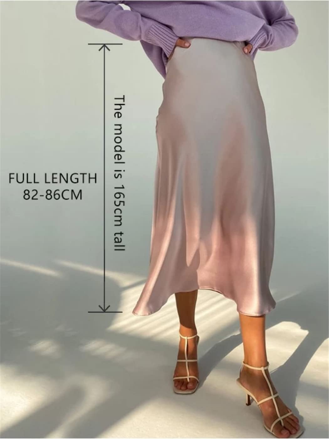 Jupe taille haute en satin de soie pour femme - Jupe élégante d'été rose midi de style coréen, champagne, 48