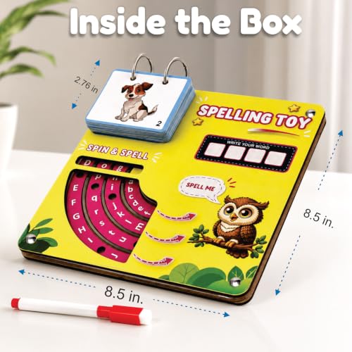 Image of Spelling Learning Toy for Kids 3-8 Years | 60+ Picture Cards | Educational Word & Vocabulary Building Toy | Interactive Rotating Letter Wheels | Alphabet Game | Birthday Gift for Boys & Girls
