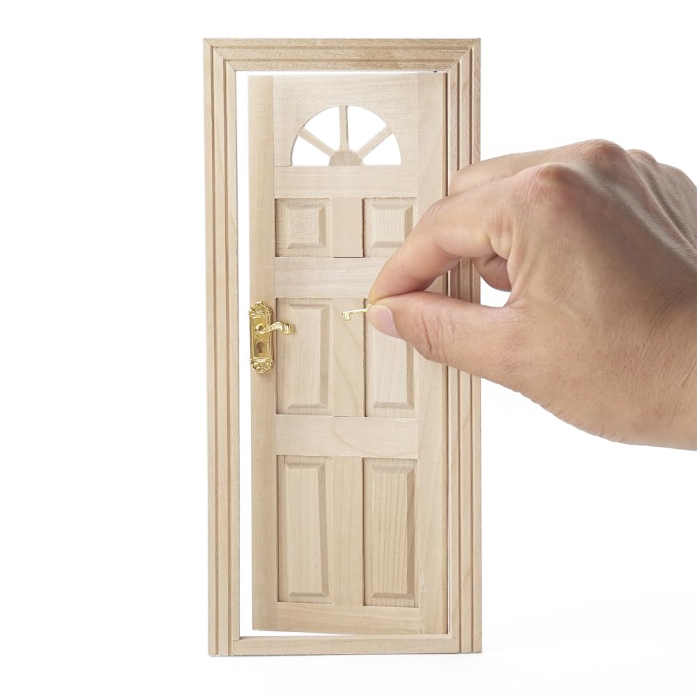 Odoria Dollhouse Front Door Miniature: 1/12 Scale Panel Doors for Elf Fairy Garden Outdoor - Mini Golden Door Knob Lever Left and Right Handle - Tiny Entry Gate Unfinished Wood Carved, Inswing