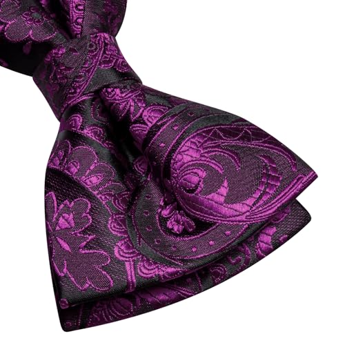 Image of Hi-Tie Mardi Gras Bow Tie Men Pre Tied Bowtie Pocket Square Cufflinks Lapel Pin Formal Wedding Bow Ties for Men Party Tuxedo Bowtie Set,Black Purple Paisley Floral