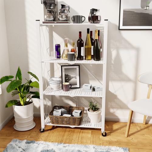 Image of 4-Tier Folding Shelf with Wheels No Assembly Portable Shelves | Folding Shelf Loads 600 LBS,Metal Steel Collapsible Shelves, Rolling Standing Utility Rack for Kitchen, Pantry, Office, White