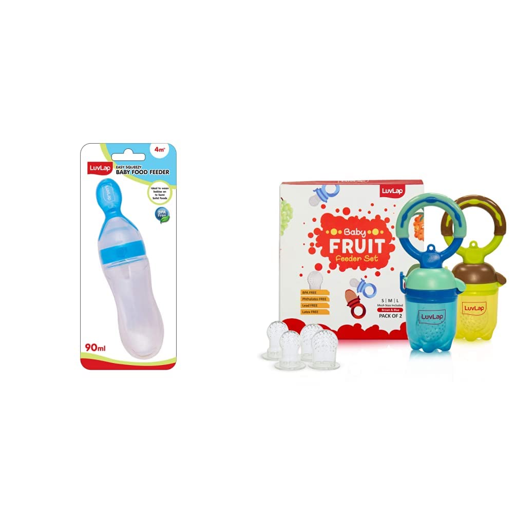 LuvLap Feeding Spoon with Squeezy Food Grade Silicone Feeder Bottle, for Infant Baby, 90ml, BPA Free & LuvLap Baby Food and Fruit Feeder Twin Pack with Three Feeder Sack Sizes, Brown and Blue