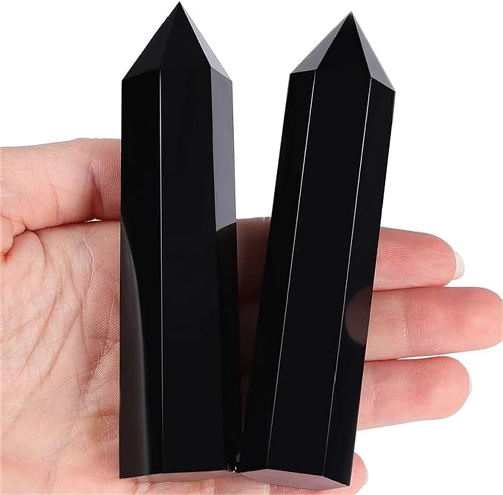 Azonee Obsidian Healing Crystals Wands, Polishing Natural Reiki Energy Wand Stone, Hexagonal Point Large Crystal Gemstones for Meditation Therapy Crystal Grid Decoration, 2 Pcs