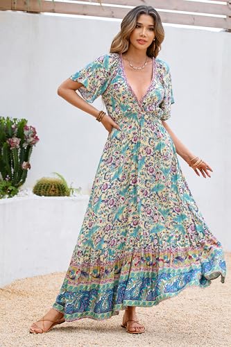Image of R.Vivimos Women's Summer V Neck Maxi Dress Boho Floral Print Short Sleeve Elastic Waist Ruffle Patchwork A-Line Beach Dress
