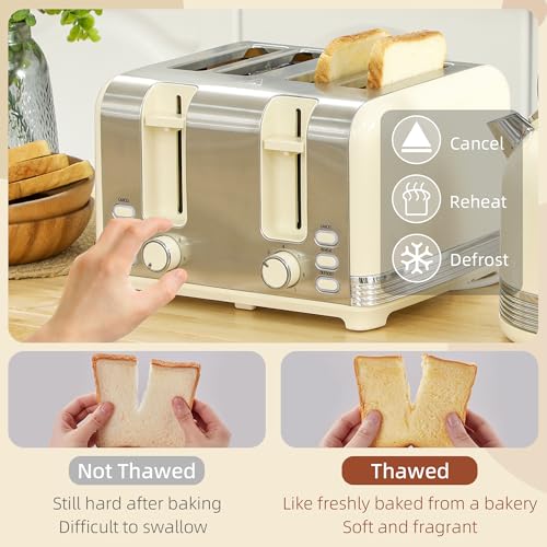 HOMCOM Stainless Steel Kettle and Toaster Set, 1.7L 3000W Cordless Fast Boil Kettle, 4 Slice Toaster Kitchen Set with 7 Level Browning Controls, Defrost, Reheat and Crumb Tray, Cream White - Image 3