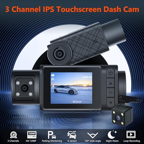Podofo 3 Channel Dash Cam,1296P Dashcam Front and Inside,Triple Dash Cam Three Way Dash Camera for Cars,Car Camera with WDR Night Vision,150°Wide,G-Sensor,Loop Recording,24H Parking - Image 3