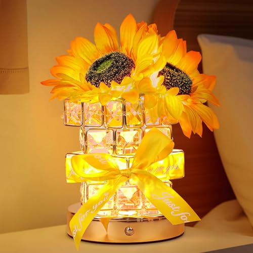 small crystal sunflower table lamp glowing on a kitchen counter