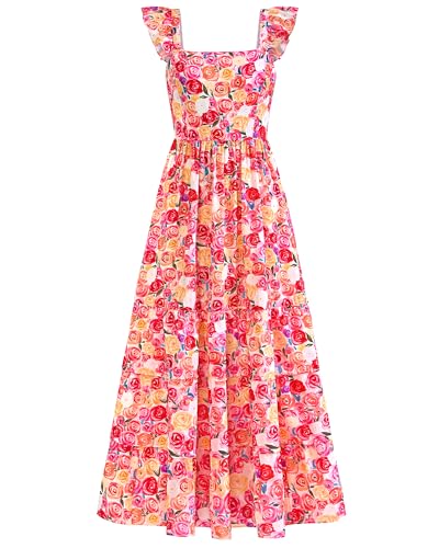 dowerme Summer Dresses for Women 2026 Casual Ruffle Smocked Tiered A-Line Boho Floral Maxi Beach Sun Dress with Pockets(Light Apricot Pink Flower,Small)