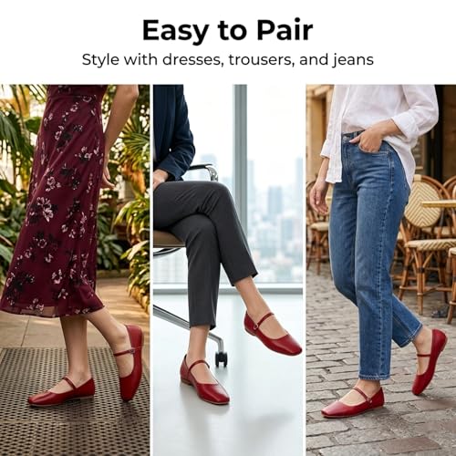 Image of MUSSHOE Square Toe Mary Jane Flats for Women: Comfortable Non-Slip Dressy Business Casual Shoes with Adjustable Strap for Office Work
