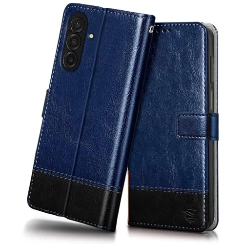 Image of FLIPPED Vegan Leather Flip Case Back Cover for Samsung Galaxy M17 5G | A17 5G | F17 5G (Flexible, Shock Proof | Hand Stitched Leather Finish | Card Pockets Wallet & Stand | Blue with Black)