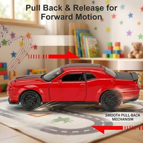 Image of GRAPHENE 1:32 Scale Challenger Muscle Car Die-Cast Alloy Toy with Openable Doors, Light & Sound - Pull Back Action Racing Vehicle for Kids Boys Girls (Ages 3+) (Red)