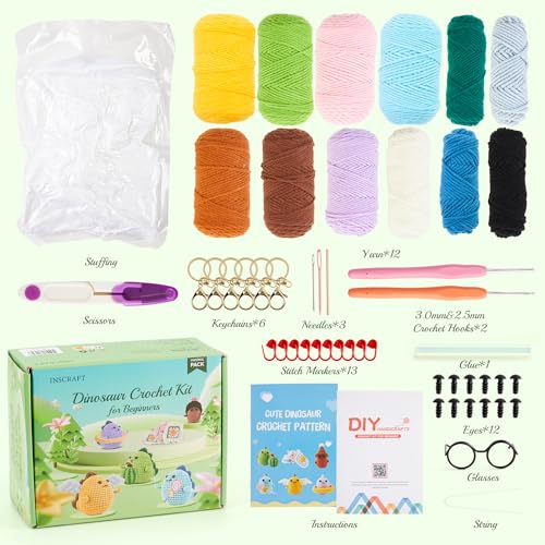 Image of INSCRAFT Crochet Kit for Beginners, 6 Pack Dinosaurs Crochet Animal Kit,Starter Kit with Step-by-Step Video Tutorials, Learn to Crochet Kits for Adults, DIY Knitting Craft Supplies Gift