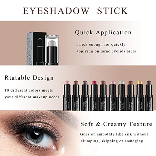 Yeweian 10 Colors Cream Glitter Eyeshadow Stick Set, Double Head Brown Yellow Pink White Eyeshadow Metallic Shimmer Crayon, Silver Eye Brightener Stick, Soft Smooth Colorful Eyeshadow Makeup Waterproof Long Lasting #TOP2