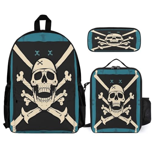 3-in-1 Backpack Combination Set Pirate Flag Skull Print 3Pcs Backpack Sets Travel Daypack with Lunch Bag And Cosmetic Bag