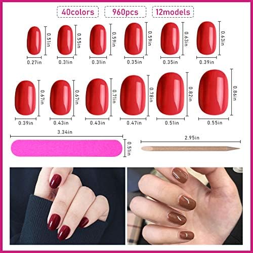 EBANKU 960 Pieces Colorful Short False Nails Round Artificial Fake Nails Full Cover Coffin Press on Nails Natural False Nails for Women Girls with 1pcs Nail File 1pcs Nail Stick