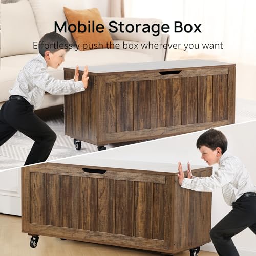 Storage-Chest-394-Wooden-Storage-Bench-with-4-Wheels-2-Safety-Hinges-Retro-Toy-Box-Support-300-lbs-for-Bedroom-Living-Room-Easy-Assembly-Vintage-Brown Storage Chest 394 Wooden Storage Bench with 4 Wheels 2 Safety Hinges Retro Toy Box Support 300 lbs for Bedroom Living Room Easy Assembly Vintage Brown