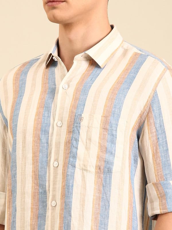 Image of Linen Club Men's Linen Rich Pink Striped Contemporary Fit Full Sleeve Casual Shirt