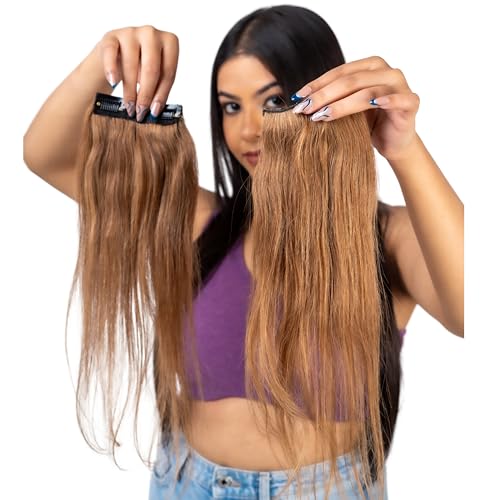 Image of Capilus Natural Human Hair Clip-In Side Patches (Caramel Brown, 14 inch) Extensions for Women & Girls | 100% Indian Human Hair Volumizer.