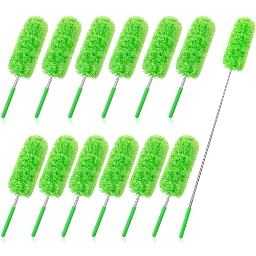 Image of Tanlade 12 Pcs Microfiber Feather Duster for Cleaning 13-31 Inch Extendable Cobweb Dusters Ceiling Fan Duster Washable Bendable Tool for Office Car Window Furniture (Green)