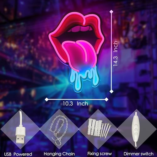 Image of Lips Tongue Neon Sign LED Neon Lights for Wall Decor, Party Decoration, Bar, Bedroom, Game Room, Man Cave, Aesthetic Neon Light Sign Gift for Friends, Couples, and Trendy Room Decor