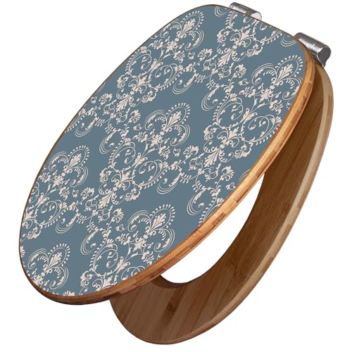 banjado Design WC Sitz Bambus Absenkautomatik 45,8x37,5cm / Toilettendeckel mit Absenkautomatik Holz/hochwertiger Bambus Klodeckel/WC-Sitz für gängigen Toiletten/Motiv Royal Creme Blau