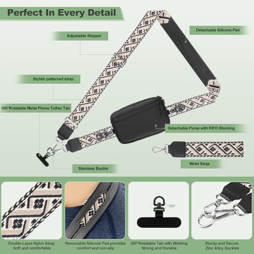 Image of YFWE Clip and Go Strap for Phone with Wallet Crossbody, Adjustable Phone Lanyard with Detachable RFID Wristlet Wallet, Pattern Strap, Black (M)