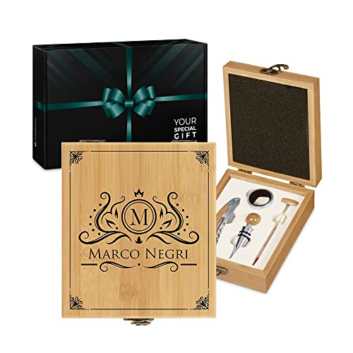 Maverton Set Cavatappi da Vino - Kit da Sommelier Degustazione Perfetta Personalizzato - Scatola in Legno di bambù + 4 Pezzi di Accessori Vino - Regalo Uomo - Regalo di Natale - Nome