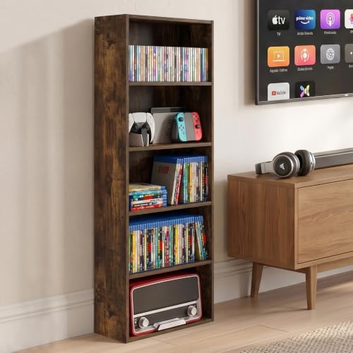Furinno Basic DVD Shelf, 5-Tier CD Rack, Cube Storage, Amber Pine | 7 x 17 x 44, Open Shelf for DVD Blueray Game Disc, Organizer Media Shelf, for Living Room, Bedroom, Home Office - image 1