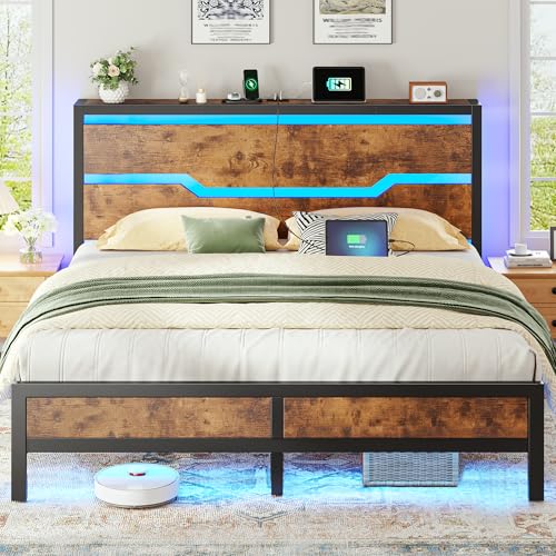 Image of Homkdom Full Size Bed Frame with USB Ports & LED Lights, Headboard Shelf, Heavy Duty Metal Platform with 10.24 inch Underbed Storage, Noise-Free Slats, No Box Spring Needed, Modern Brown