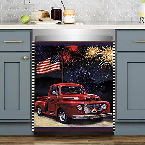 Barn Star Dishwasher Magnetic Cover American Flag Sticker Country Truck Refrigerator Door Magnet,Fireworks Vinyl Panel Decal Kitchen Decoration Home Appliance Stickers For Fridge 23"X26" #TOP8