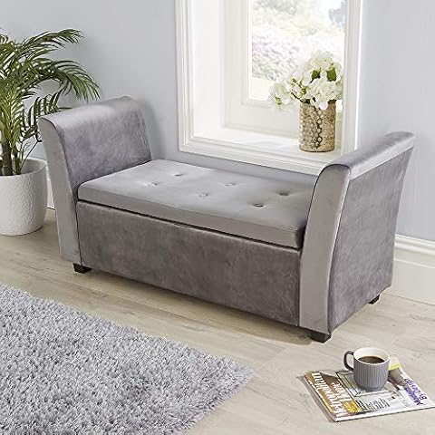 Home Source Verona Grau Samt Stoff Ottoman Fenster Stauraum Sitz Bettwäsche Decken Box Scharnier Cover