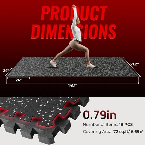 Image of SUPERJARE 0.79'' Extra-Thick Exercise Equipment Mats, 18 Pcs 72 Sq Ft Rubber Top Floor Tiles with High Density EVA Foam, Interlocking Gym Flooring for Home Gym, Workout Mat, Black /Grey