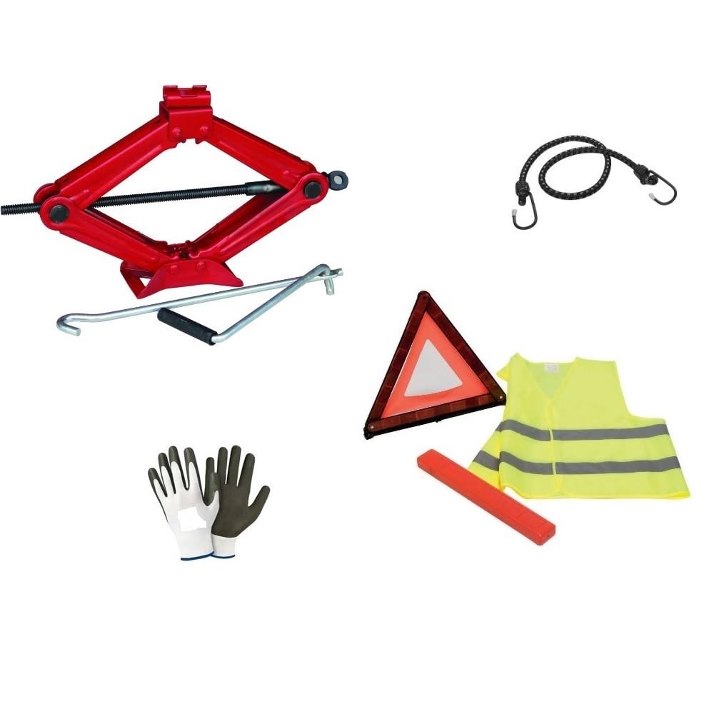 Compatible con Audi A1 Kit Car Gato PANTÓGRAFO con Base DE Acero Y Llave GIRATORIA + TRIÁNGULO DE Emergencia EN Carretera + Chaleco Fluo + Funda