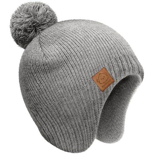 Image of Baby Beanie Winter Hat 0-6 Months - Cute Pom Winter Baby Hats with Earflaps, Soft & Stretchy Knit Toddler Beanies for Infant, Newborn 0-6 Months Boys, Girls, Cozy, Warm Fall Essentials (Gray, S)